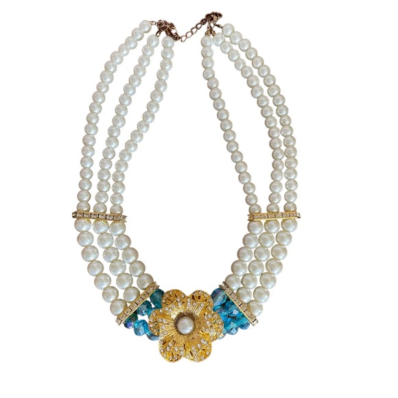 Multi-strand Pearl Necklace with Gold-tone and Rhinestone Flower - Picture 2 of 6